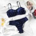 Navy blue satin lingerie set with ruffled trim and silk texture for a sleek finish - S / Top And Bottom / Navy Blue