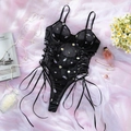 Detalle de body de encaje negro con bordado de margaritas y lazos laterales ajustables - S / Estilo Pastoral Negro