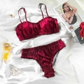 Elegant wine red satin lingerie set with ruffled trim and gathered minimalist style - S / Top And Bottom / Burgundy