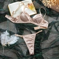 Champagne satin lingerie set with soft cup bra and thong on green mesh background - S / Champagne