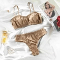 Champagne gold satin two-piece lingerie set with ruffle trim and pleated details - S / Top And Bottom / Khaki