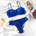 Minimalist deep blue satin lingerie set with elegant pleated edges and high-gloss finish - S / Top And Bottom / Sapphire Blue