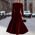 Elegantes weinrotes Samtkleid mit langen Puffärmeln und Stehkragen in A-Linien-Form - S / Weinrot (105590)