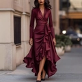 Elegant burgundy long-sleeved satin wrap dress with ruffled high-low hem and waist tie - S / Wine Red(105580)