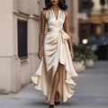 Elegant champagne satin deep V-neck sleeveless high-low dress with waist bow decoration - Apricot
