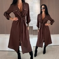 Damen Langarm Hemdkleid in Dunkelkaffee mit Taillenzug und Knopfleiste vorne - S / Kaffeebraun