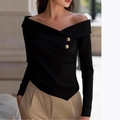Elegantes schulterfreies schwarzes Strickoberteil mit Goldknöpfen und Saum-Design - S / Schwarz