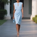 Elegant light blue sleeveless bodycon dress with hollow teardrop neckline and pleated waist - Light Blue