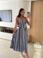 Detail of summer strapless maxi dress featuring chevron print and front button closure - S / Blue Wave