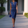Royal blue sleeveless dress with hollow neckline and elegant waist pleats for formal events - Dark Blue