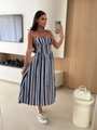 Detail view of colorful zigzag print dress with adjustable straps and front buttons - Blue Striped (108153)