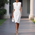 Elegant white sleeveless midi dress with keyhole neckline and draped waist detail - S / White