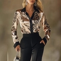 Blouse en satin champagne à manches longues avec imprimé léopard et détails contrastés - S / Kaki