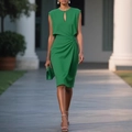 Detail of green sleeveless dress featuring a stylish keyhole neckline and ruched waist design - S / Green