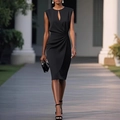 Detail of elegant black sleeveless dress featuring keyhole neckline and waist pleats - S / Black