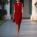 Detail of red sleeveless midi dress with waist drapes and teardrop neckline cutout - S / Red