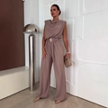 Elegant mauve sleeveless wide-leg jumpsuit with shoulder pads and gold-buckle belt - S / Khaki