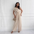 Elegant beige cowl neck sleeveless satin jumpsuit with high waist and wide leg cut - S / Apricot