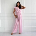 Elegant sleeveless pink wide leg jumpsuit with a cowl neck and tie-waist detail - S / Pink