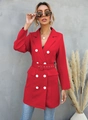 Detail van een rode lange double-breasted blazer met witte knopen en tailleband - S / Rood