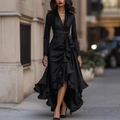 Elegant black satin wrap dress with long sleeves and ruffled asymmetric hemline - S / Black(105580)