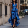 Elegantes dunkelblaues Satin-Kleid mit V-Ausschnitt, Taillenband und asymmetrischem Saum - S / Königsblau