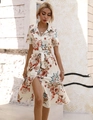 Detail of floral shirt dress featuring button placket and matching waist tie belt - S / Apricot