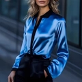 Dames satijnen shirt met lange mouwen in donkerblauw en zwart kleurblokontwerp - S / Blauw