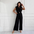 Women's black sleeveless wide leg jumpsuit with elastic waist and gold metal buckle - S / Black