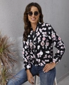 Détail d'un blouson aviateur à fleurs avec zip argenté et poignets élastiques serrés - S / Noir Floral