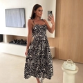 Slim fit black and white zebra print midi slip dress with thin straps for women - S / Black White Zebra