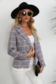 Detailopname van geruite damesblazer met rode accenten en dubbele rij knopen in Britse stijl - S / Zwart Wit Rood Ruitje