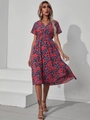 Women's V-neck short sleeve floral dress with red and blue pattern and elastic waist - S / Red