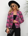 Gedetailleerde weergave van de roze en grijs geblokte blazer met double-breasted knopen - S / Roze & Grijs Geruit