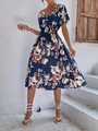 Detail of floral print summer dress featuring V-neckline and elastic waist in navy blue - S / Dark Blue