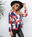 Detail of geometric patchwork blazer with gold buttons and notch lapel for a modern look - S / Red Blue Plaid (101738)