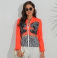 Detail view of fashion orange jacket with leopard print, stand collar and zipper closure - Orange