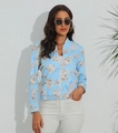Detail of light blue floral bomber jacket showing front zipper and ribbed elastic cuffs - Sky Blue
