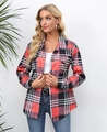 Close-up detail of red and black plaid pattern and chest pockets on long sleeve jacket - S / Red Plaid