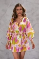 Detailed view of the V-neck and drawstring waist on a colorful geometric print summer dress - Pink (Geometric)