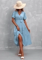Detail of light blue V-neck dress with ruffle sleeves and tiered skirt structure - Sky Blue
