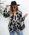 Detail view of stylish long-sleeved jacket with black and white geometric letter print - Black Background Alphabet Stickers