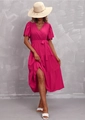 Detail of fuchsia V-neck wrap dress with tiered ruffle skirt and waist tie accent - Rose Red