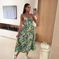 Women's tropical floral print midi dress with adjustable straps and button-down front - Green (108153)