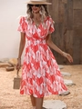 Short sleeve summer dress with red leaf print on white background and high elastic waist - S / Orange