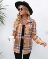 Detail of khaki plaid long sleeve shacket with chest pockets and single breasted buttons - S / Khaki Plaid