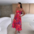 Red floral midi dress with ribbon straps, button-down front and vibrant flower prints - S / Red (108090)