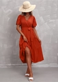 Detail of V-neck cross design and ruffle sleeves on women caramel summer dress - Orange Red