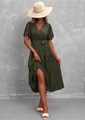 Detail of V-neck dark green tiered dress with wrap waist tie and soft fabric texture - Army Green