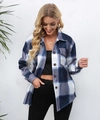 Detail of blue and white plaid brushed shirt jacket with chest pockets and button front - S / Blue Plaid